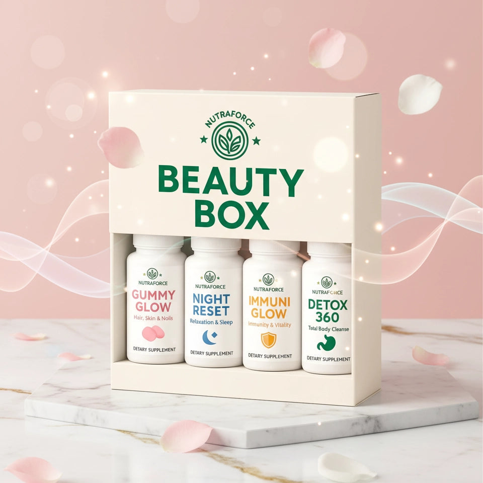 Beauty box with Nutraforce supplements on a pink background